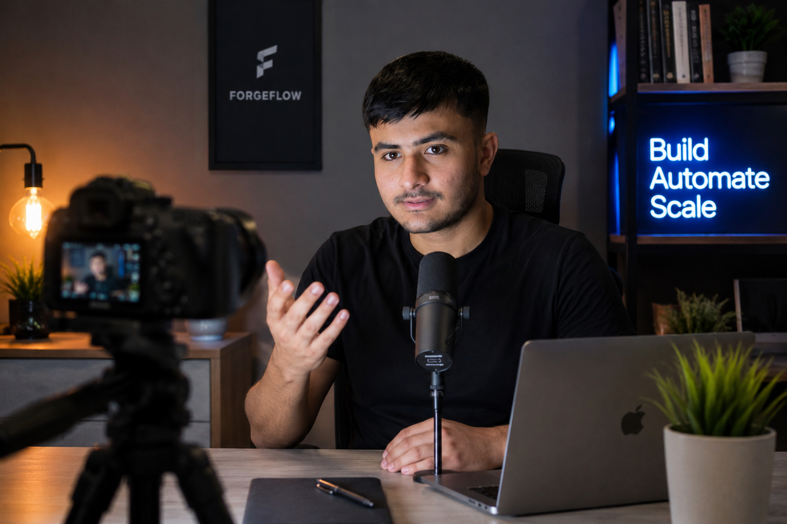 Saffi Ullah, founder of Forge-Flow, at his studio desk in front of the Forge-Flow mark and a Build / Automate / Scale neon sign
